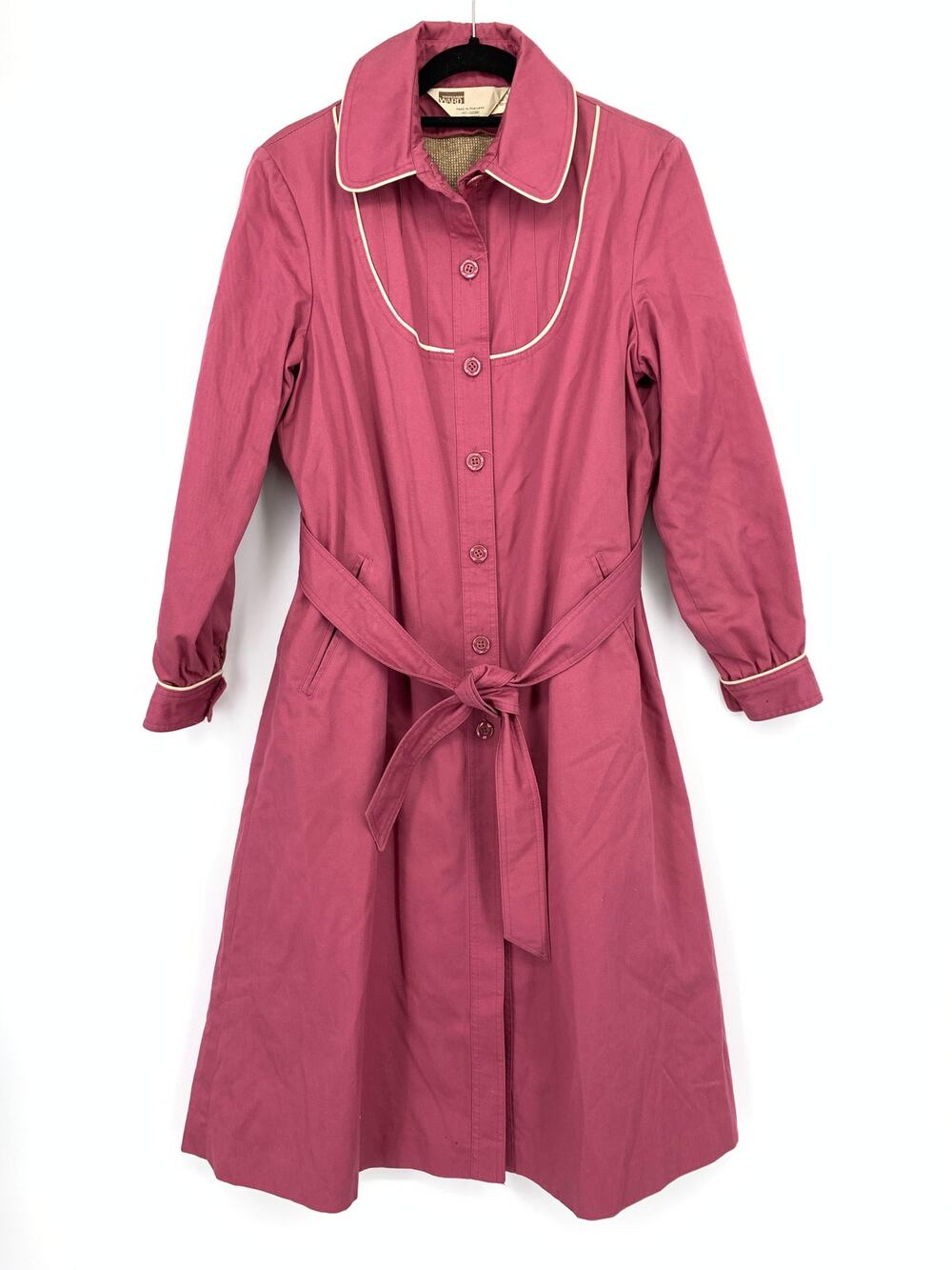 Vintage Montgomery Ward 80s Trenchcoat Womens Sz 12 Dusty Rose Pink Belted Lined